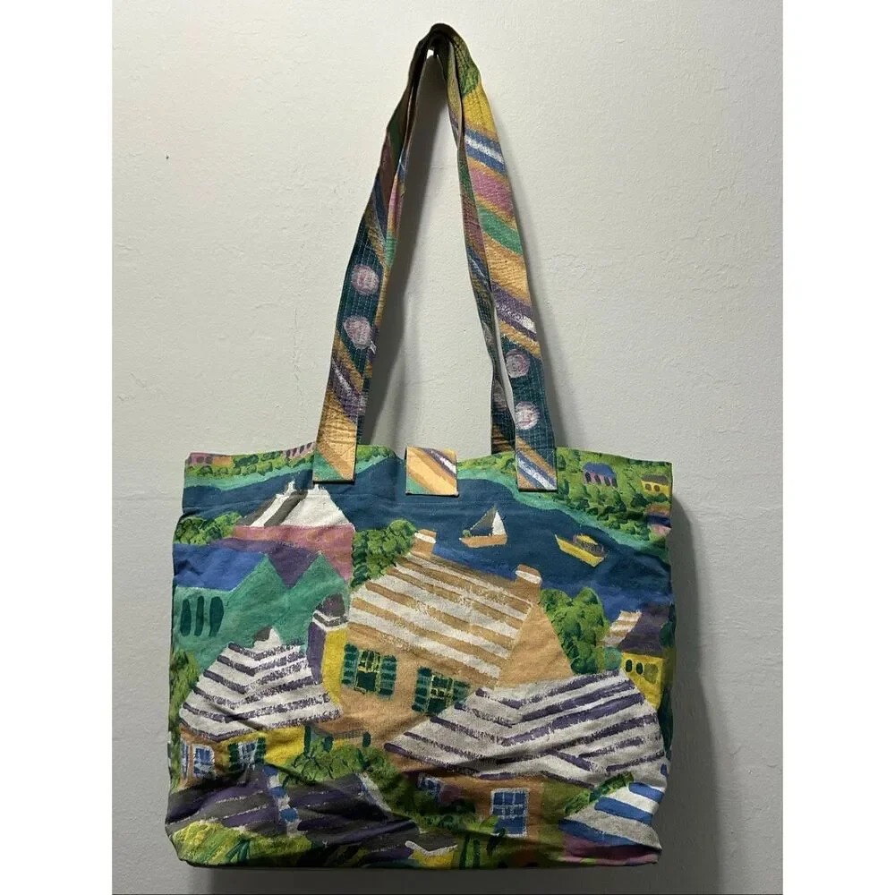 Silkscapes Coastal Village Art Tote Bag | Cottagecore Beach Hand Painted Fabric